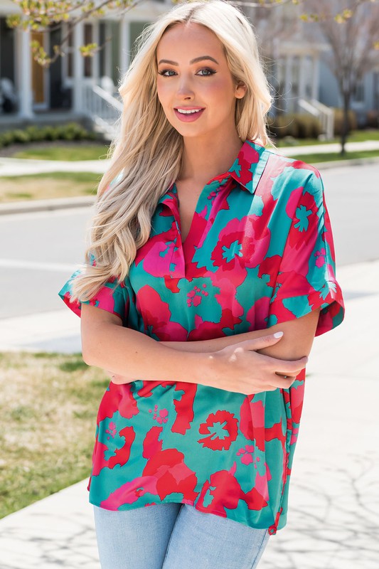 Green Abstract V Neck Blouse - sale