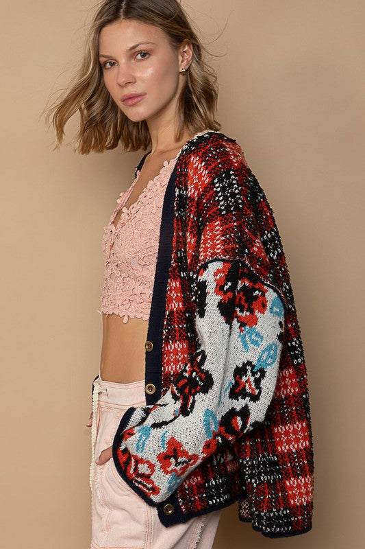 Navy Floral/Plaid Cardigan - sale