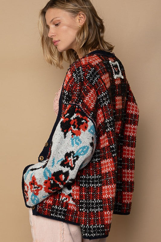 Navy Floral/Plaid Cardigan - sale