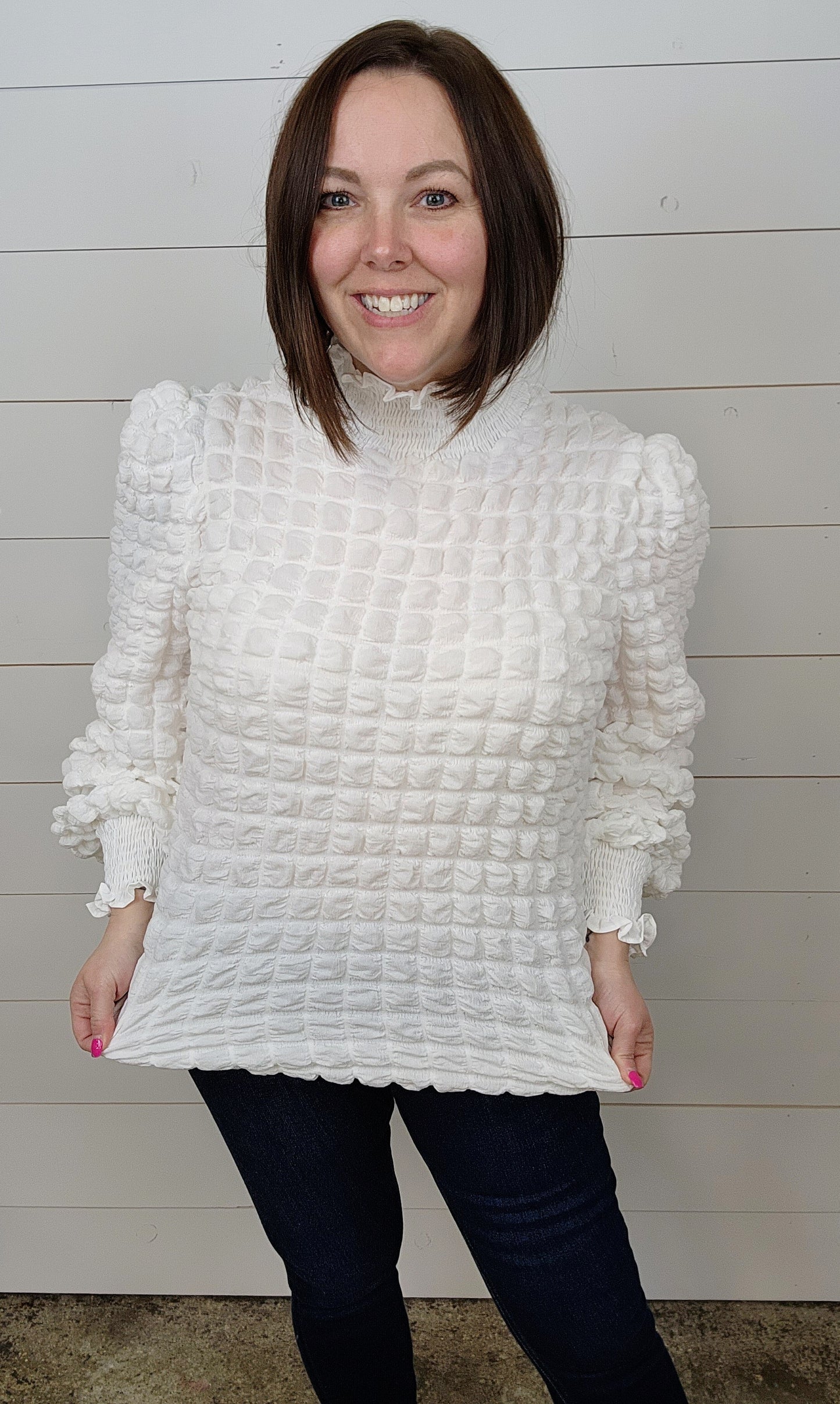 White Textured Puff Blouse - sale