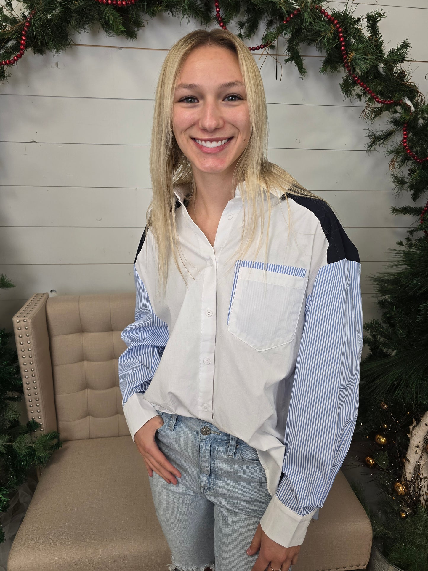 White/Blue Colorblock Blouse