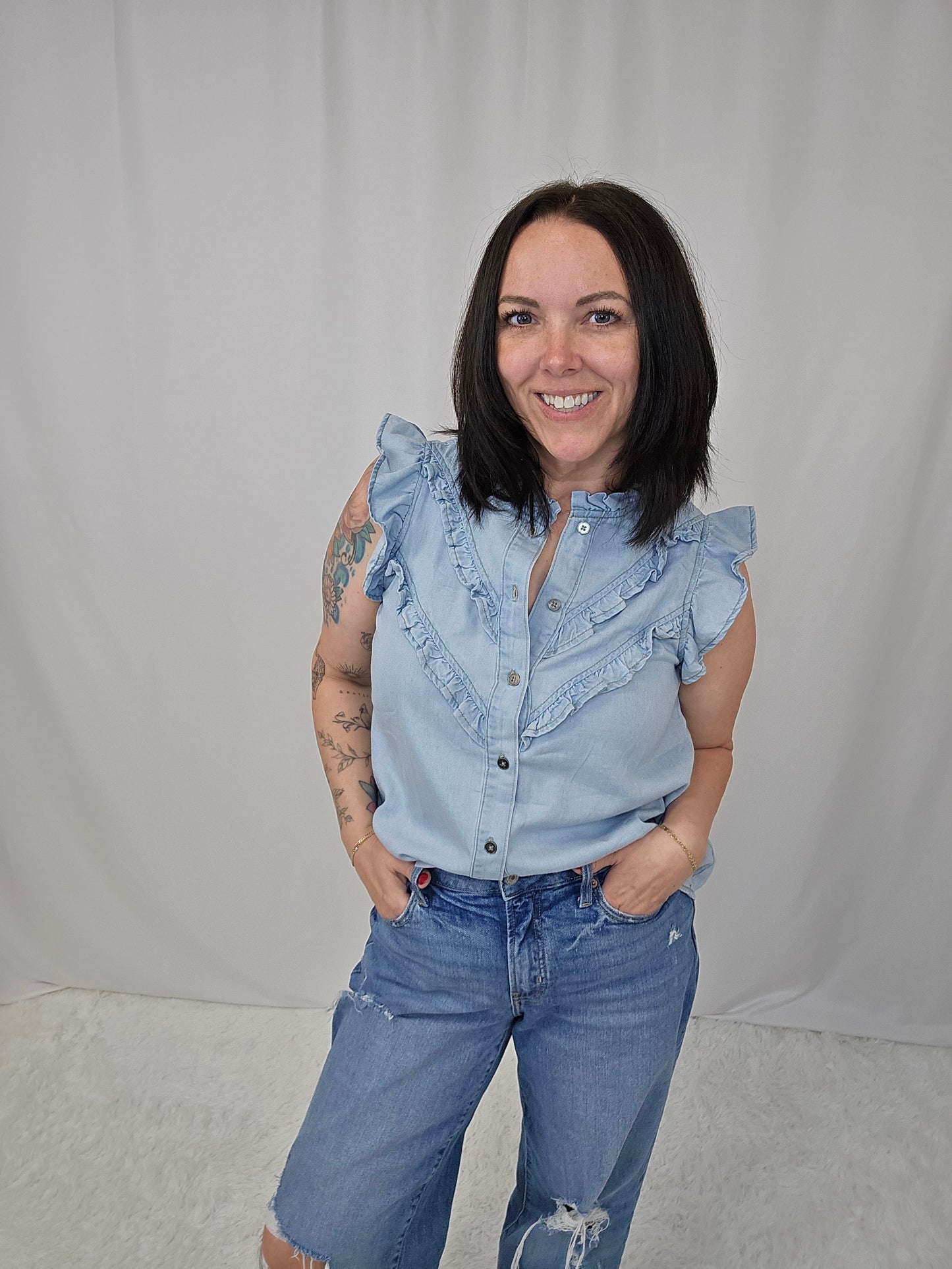 Calista Cap Sleeve Denim Top