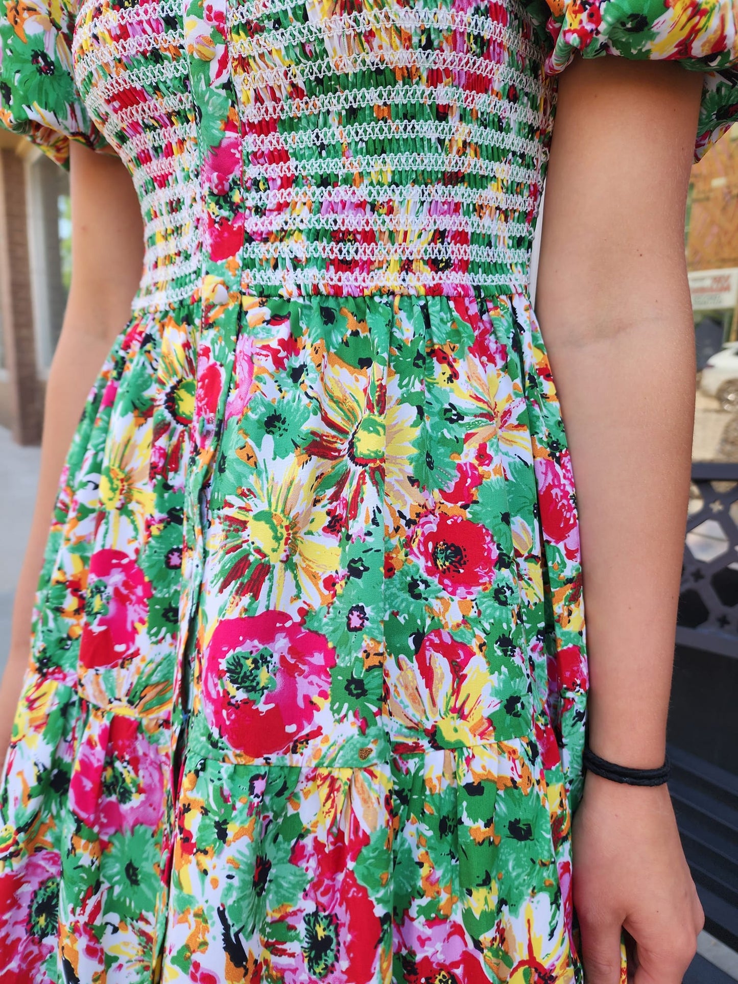 Green Floral Curvy Puff Sleeve - sale