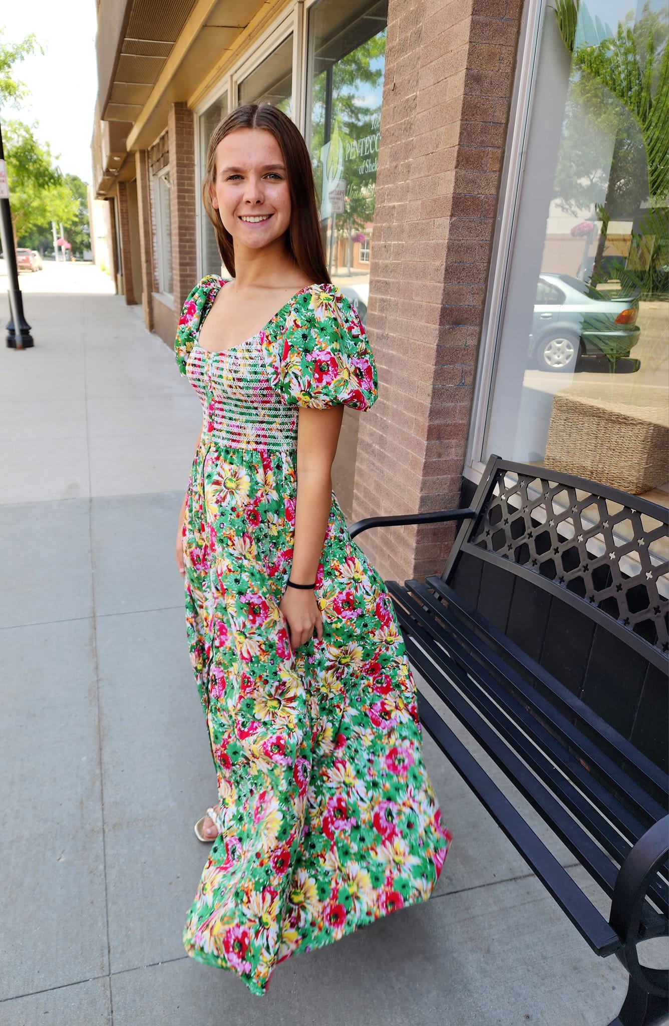 Green Floral Curvy Puff Sleeve - sale