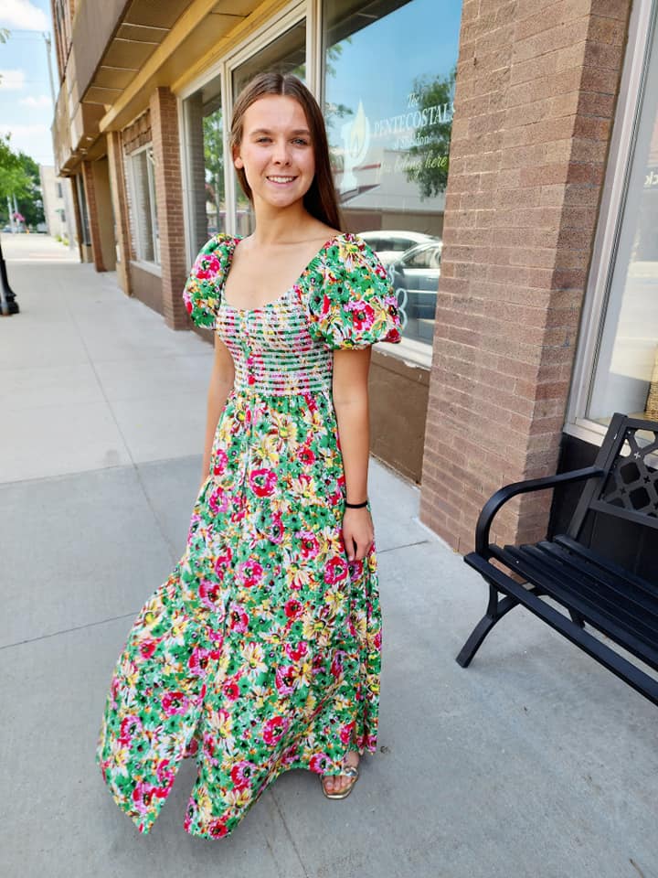Green Floral Curvy Puff Sleeve - sale