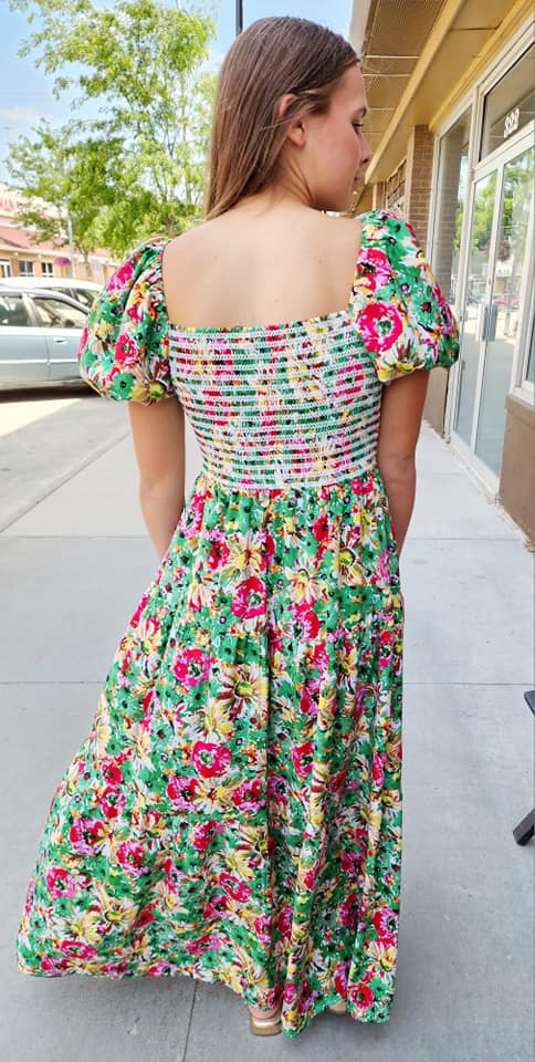 Green Floral Curvy Puff Sleeve - sale