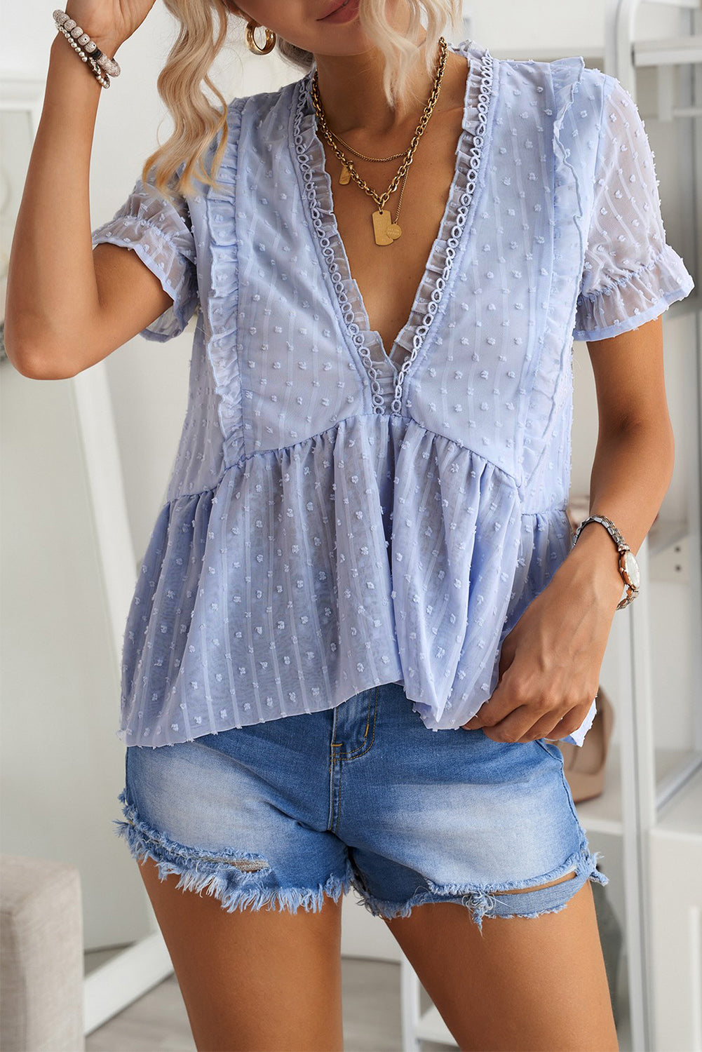 Blue Ruffle V Neck Blouse - sale