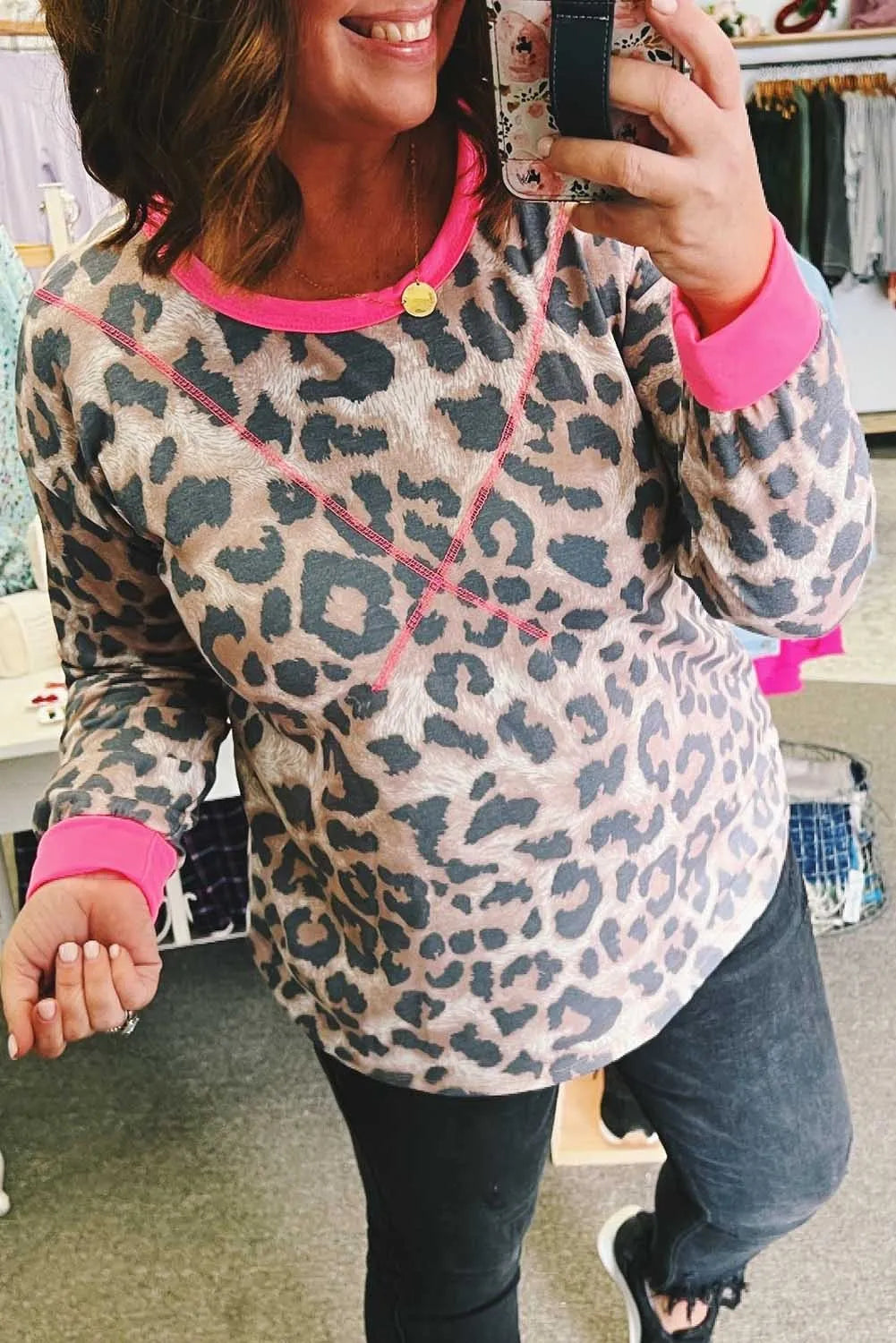 Pink Contrast Leopard Long Sleeve Top - Sale