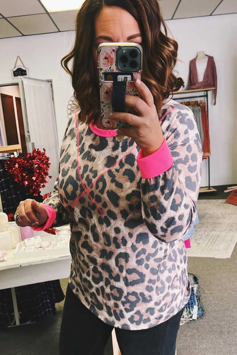 Pink Contrast Leopard Long Sleeve Top - Sale