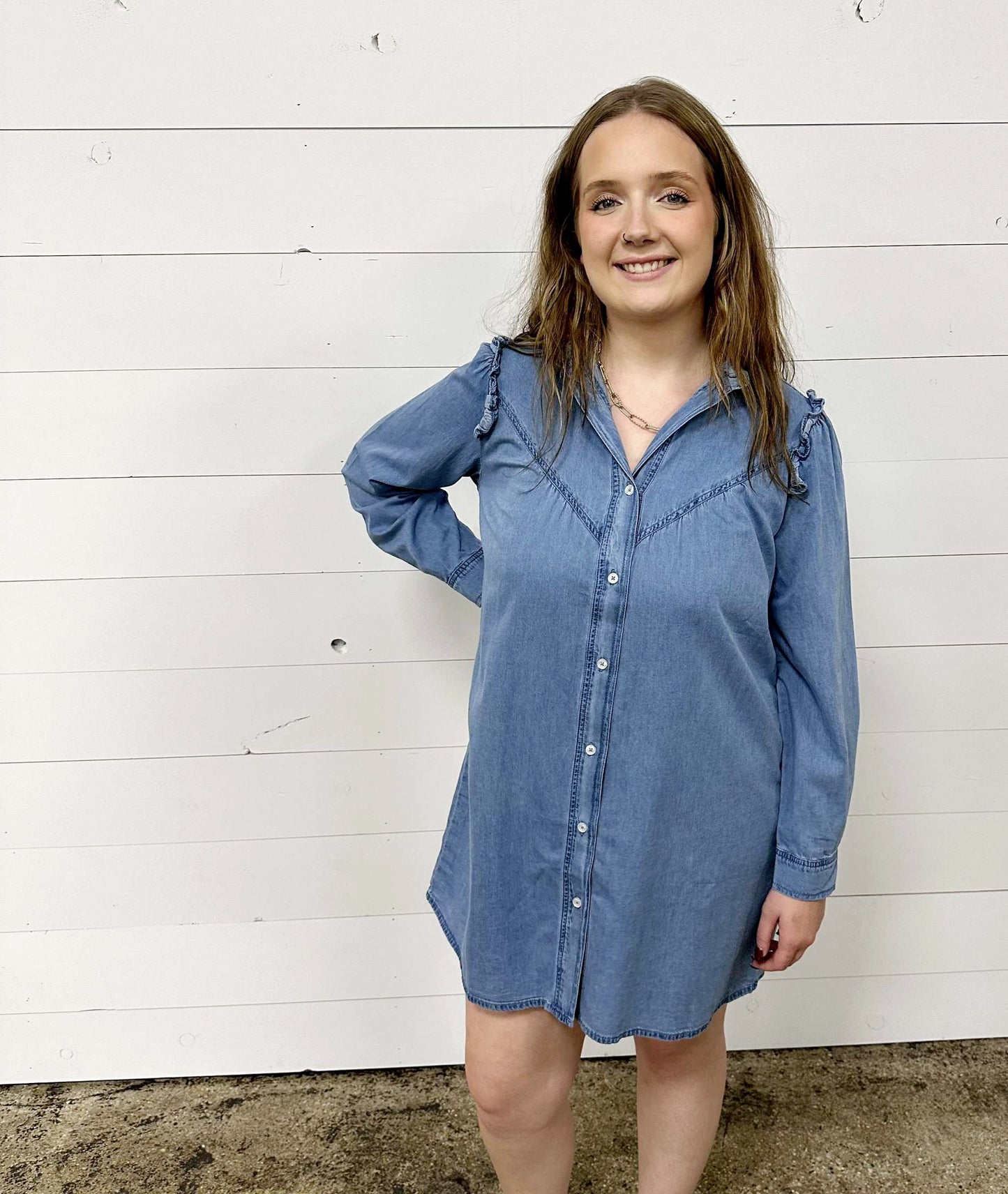 Ruffle Denim Shift Dress