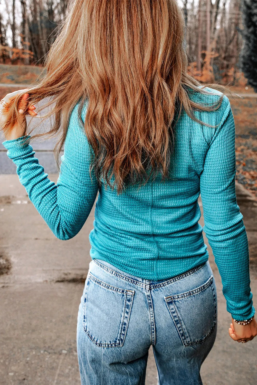 Teal Waffle Henley Top - sale