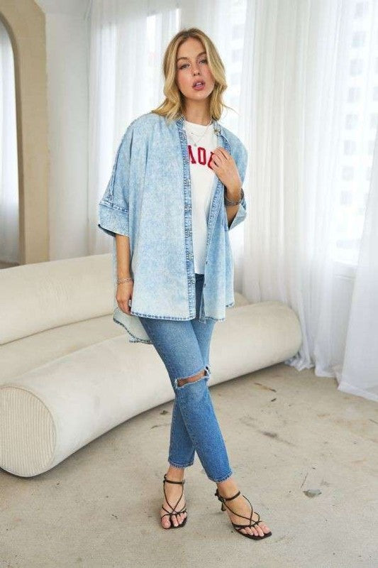 Denim Stand Collar Blouse - SALE