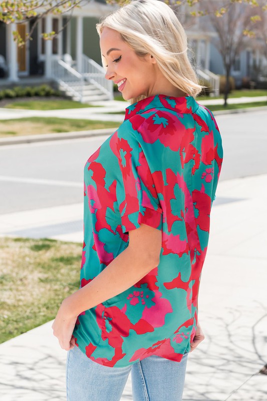 Green Abstract V Neck Blouse - sale
