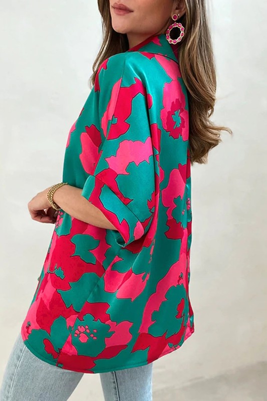 Green Abstract V Neck Blouse - sale