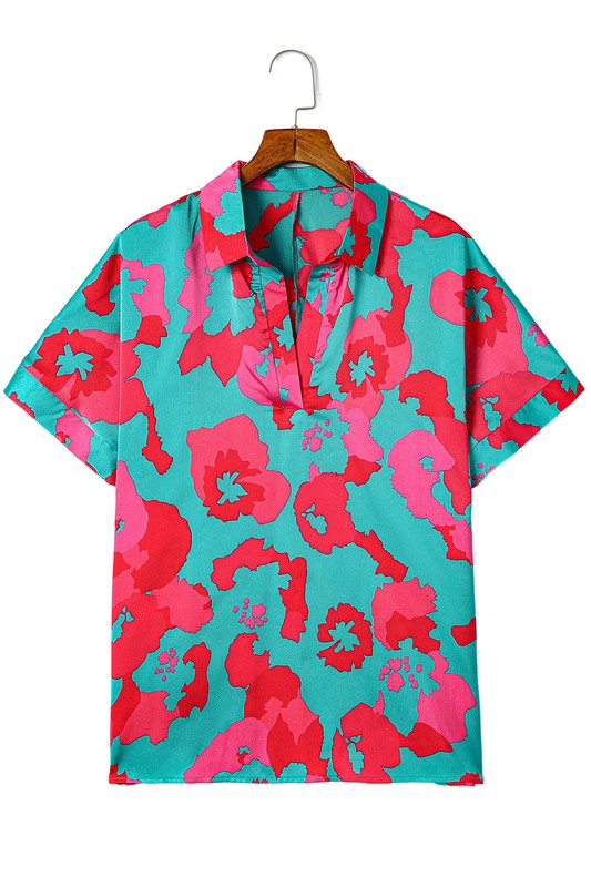 Green Abstract V Neck Blouse - sale
