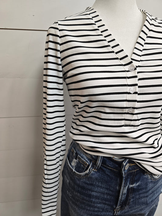 White/Blk Stripe Fitted Top - sale
