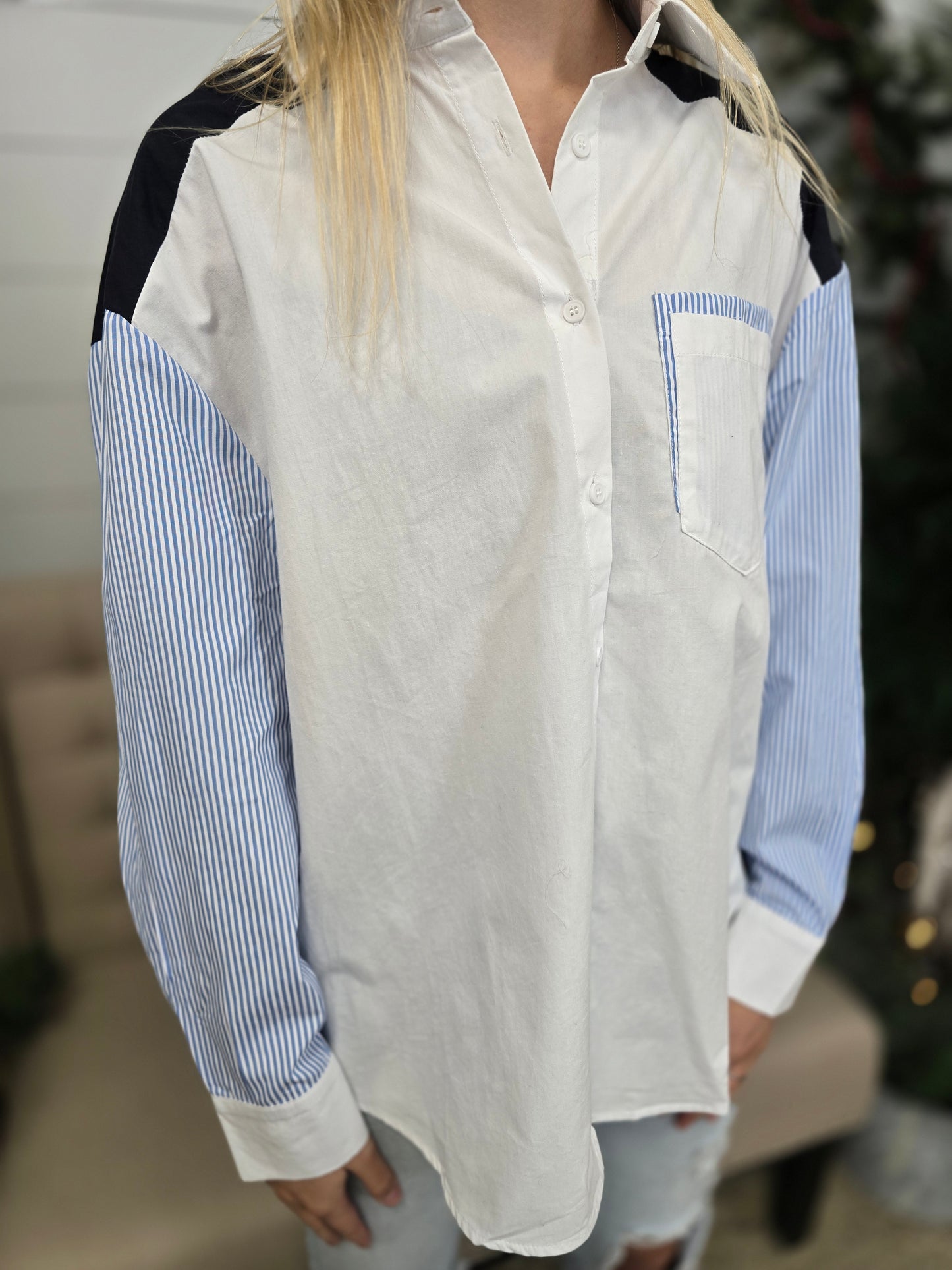 White/Blue Colorblock Blouse