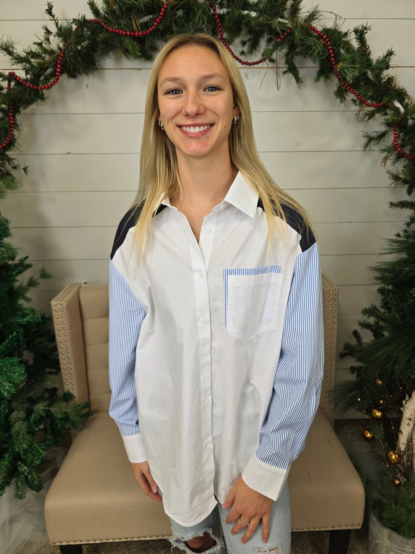 White/Blue Colorblock Blouse