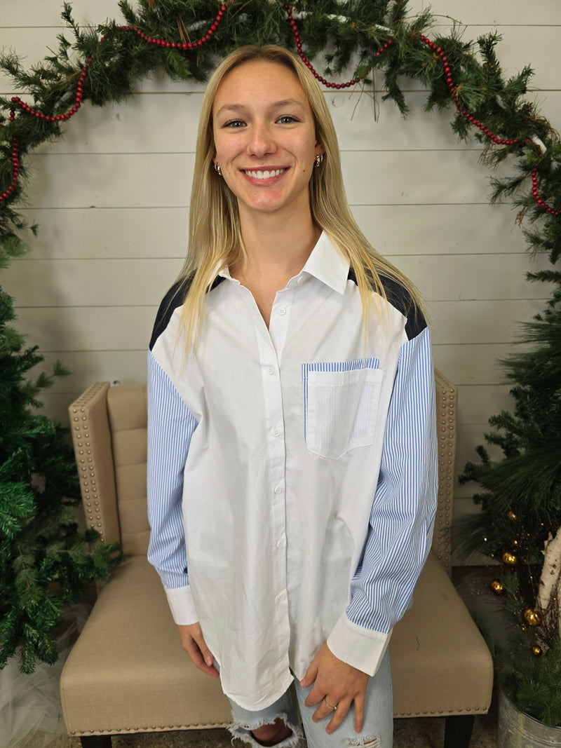White/Blue Colorblock Blouse