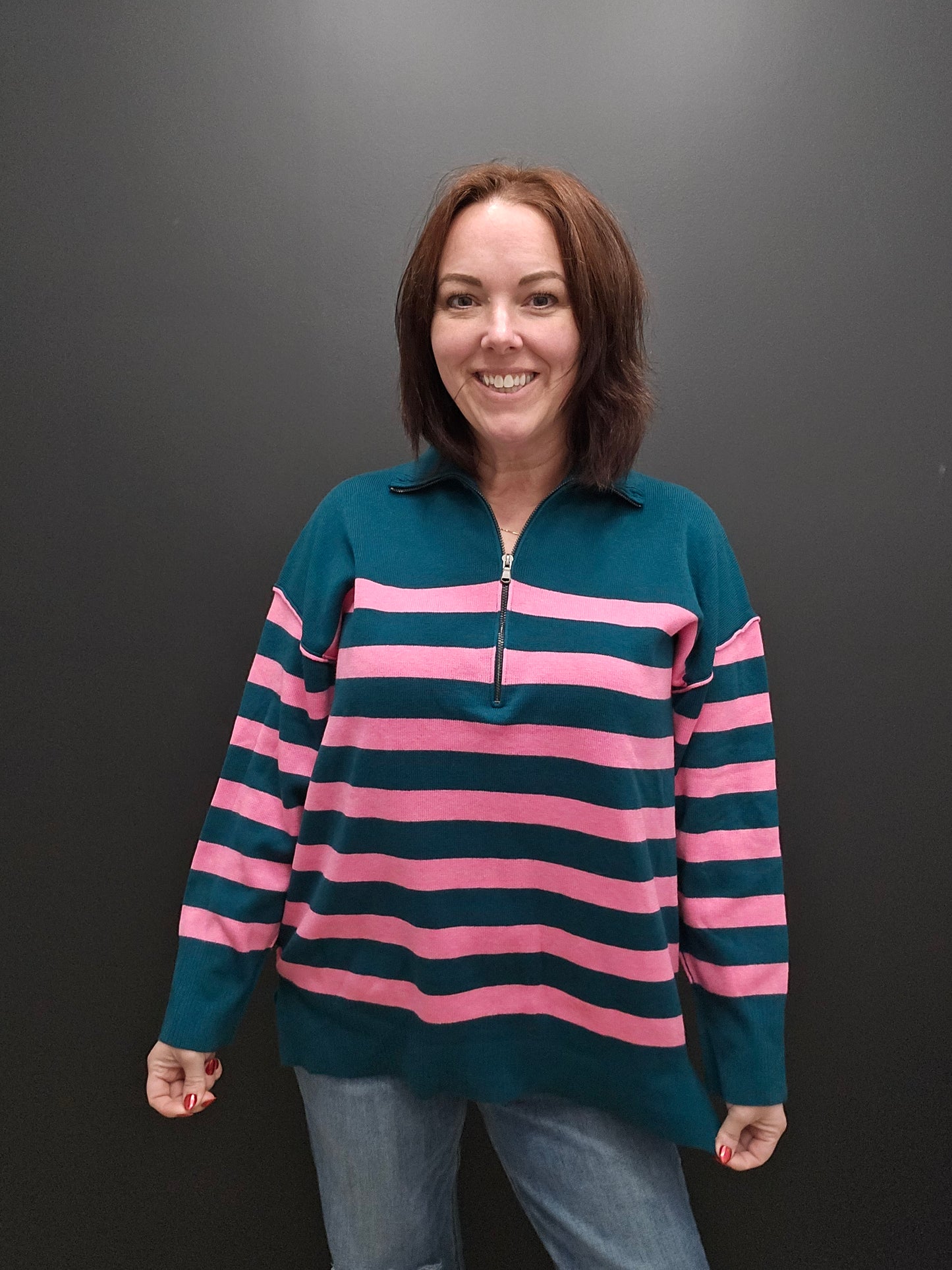 Green/Pink Stripe Half Zip Sweater - SALE