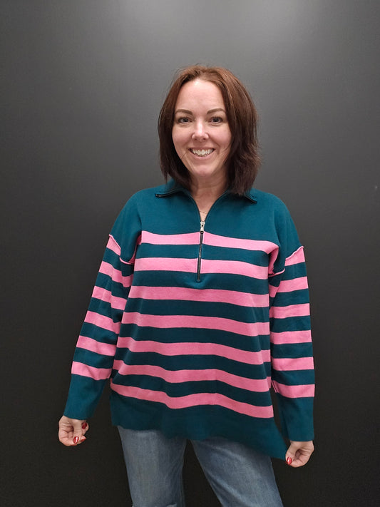 Green/Pink Stripe Half Zip Sweater - SALE