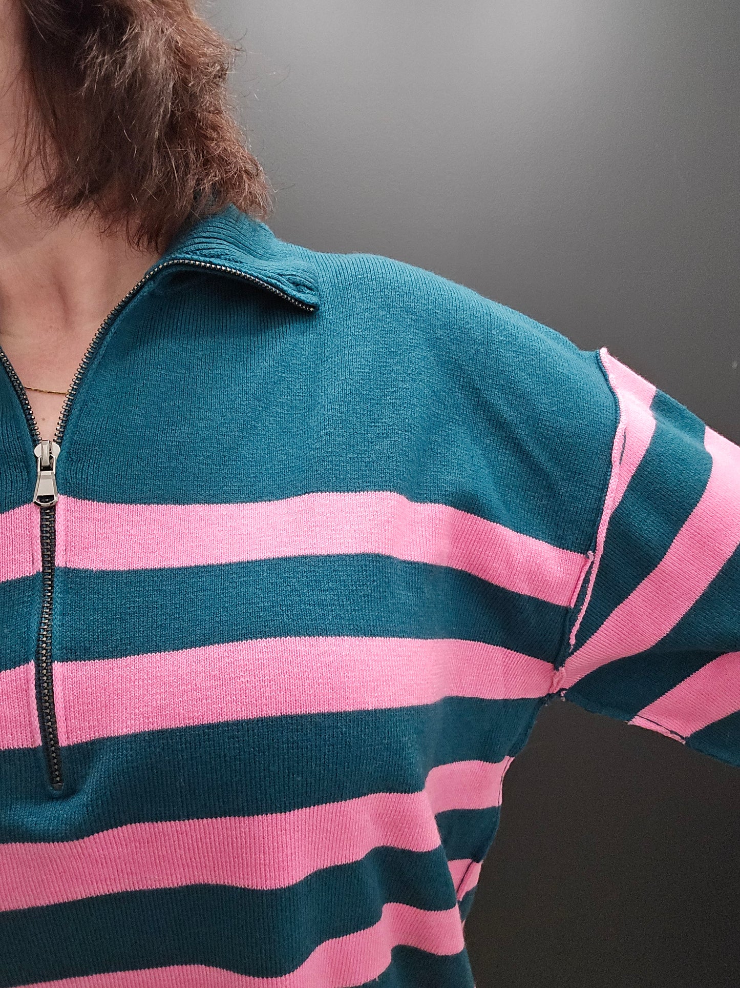 Green/Pink Stripe Half Zip Sweater - SALE