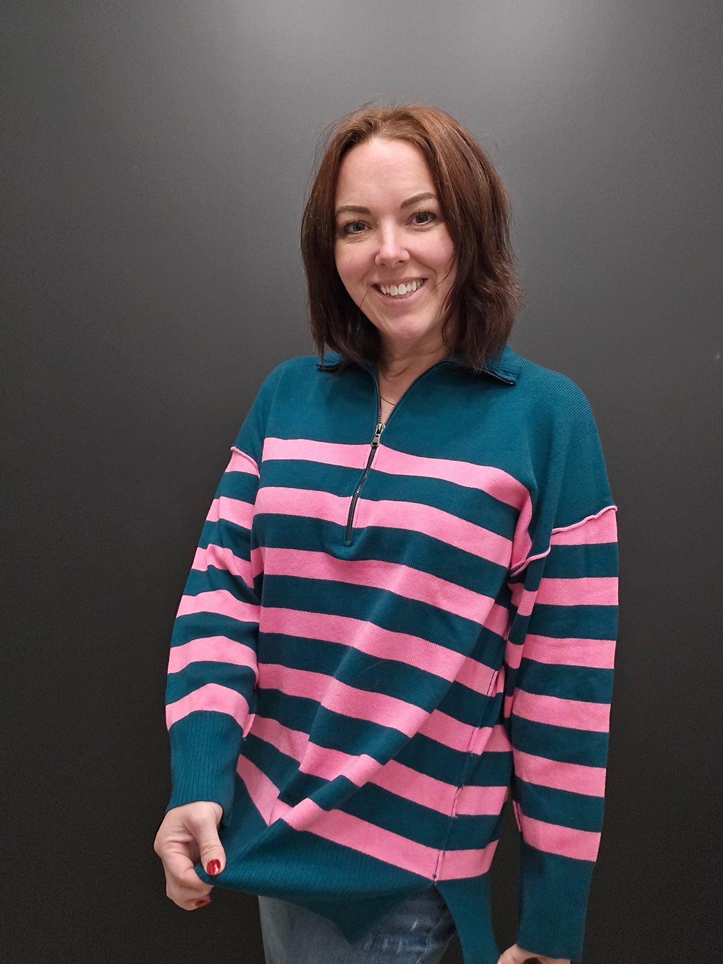 Green/Pink Stripe Half Zip Sweater - SALE