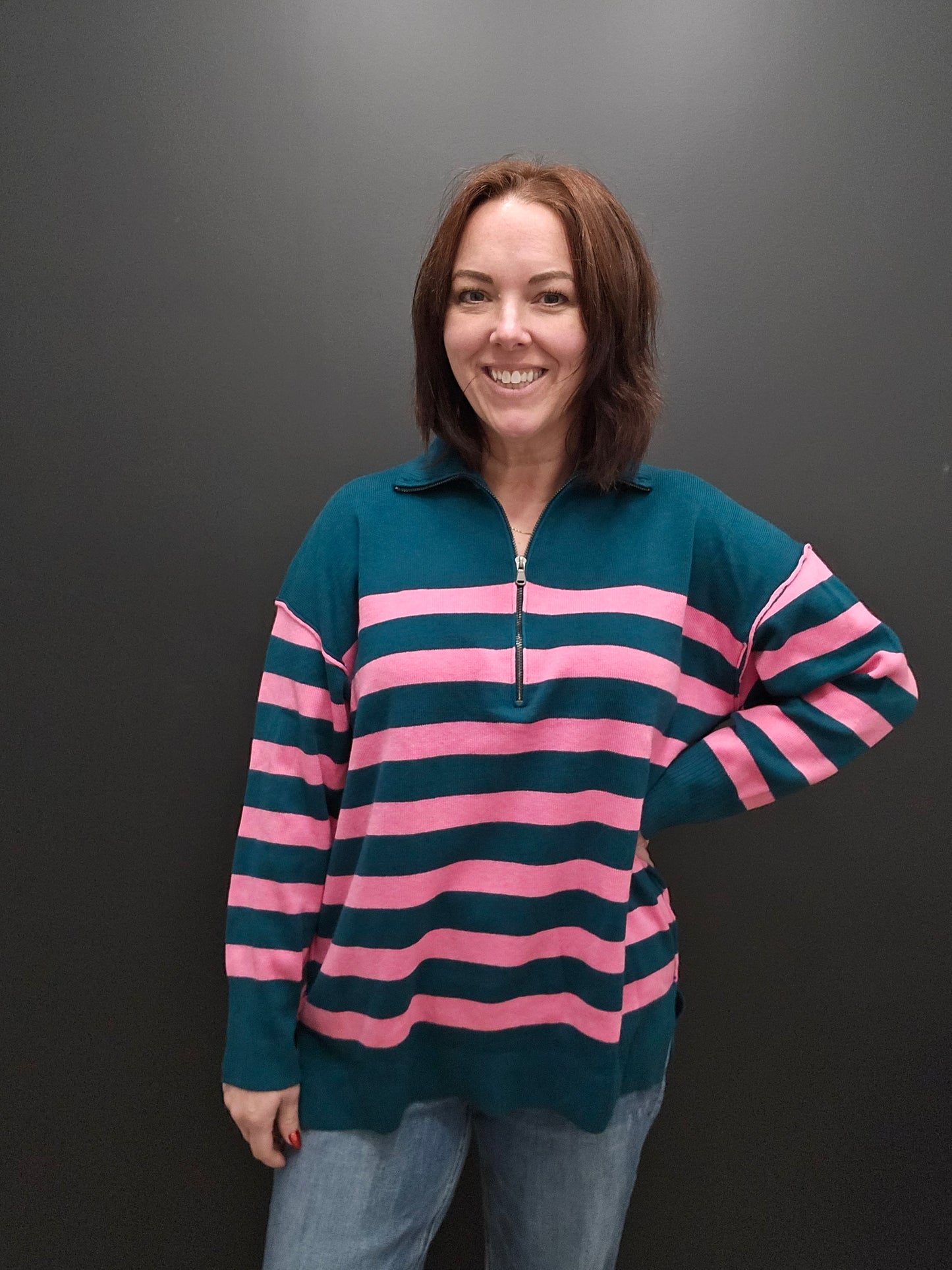 Green/Pink Stripe Half Zip Sweater - SALE