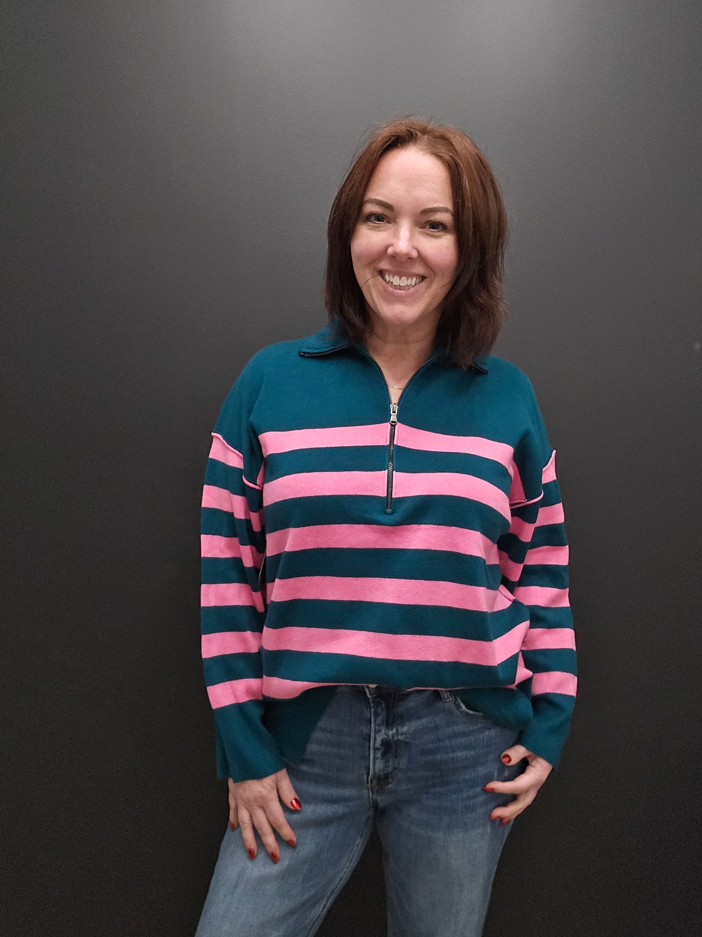 Green/Pink Stripe Half Zip Sweater - SALE