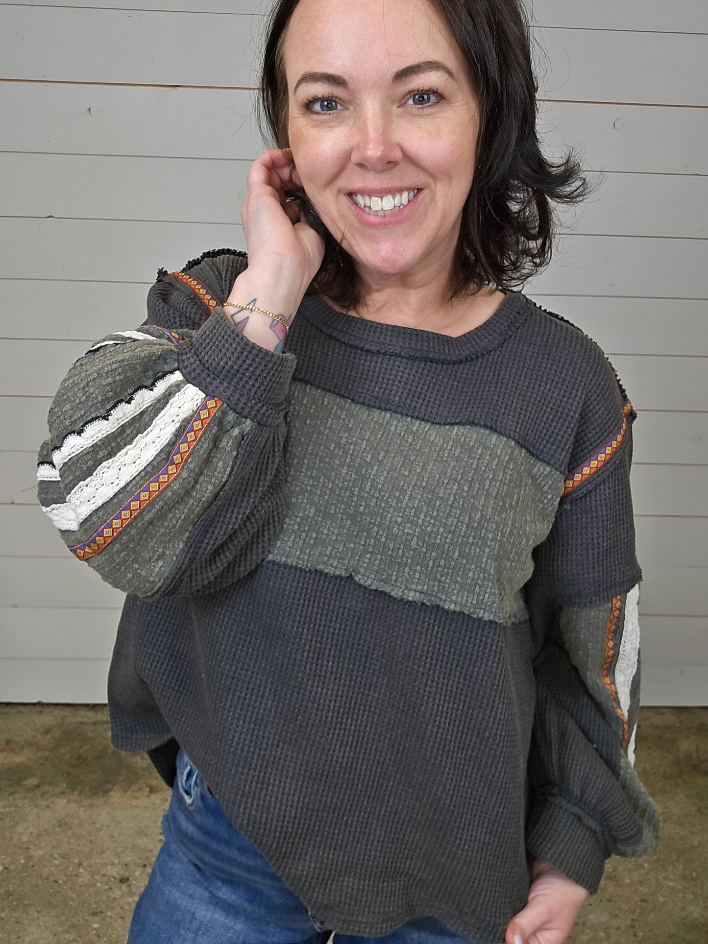 Charcoal Striped Sleeves Top- SALE