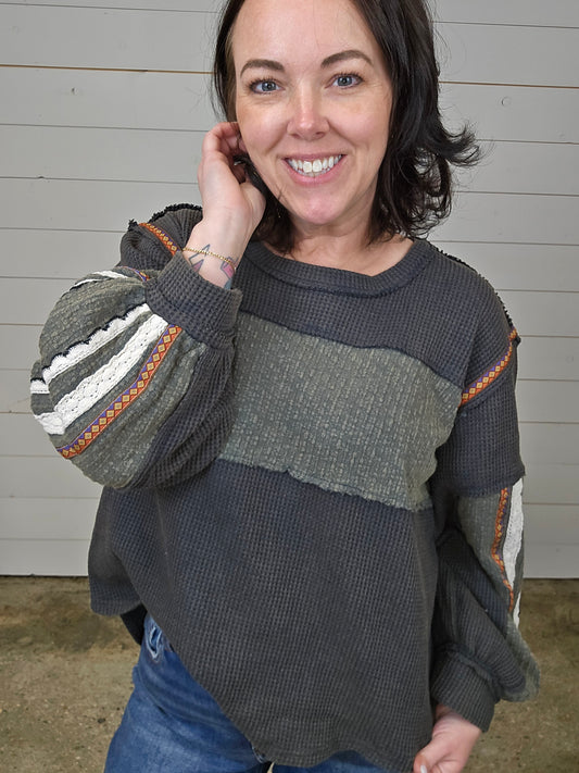 Charcoal Striped Sleeves Top- SALE
