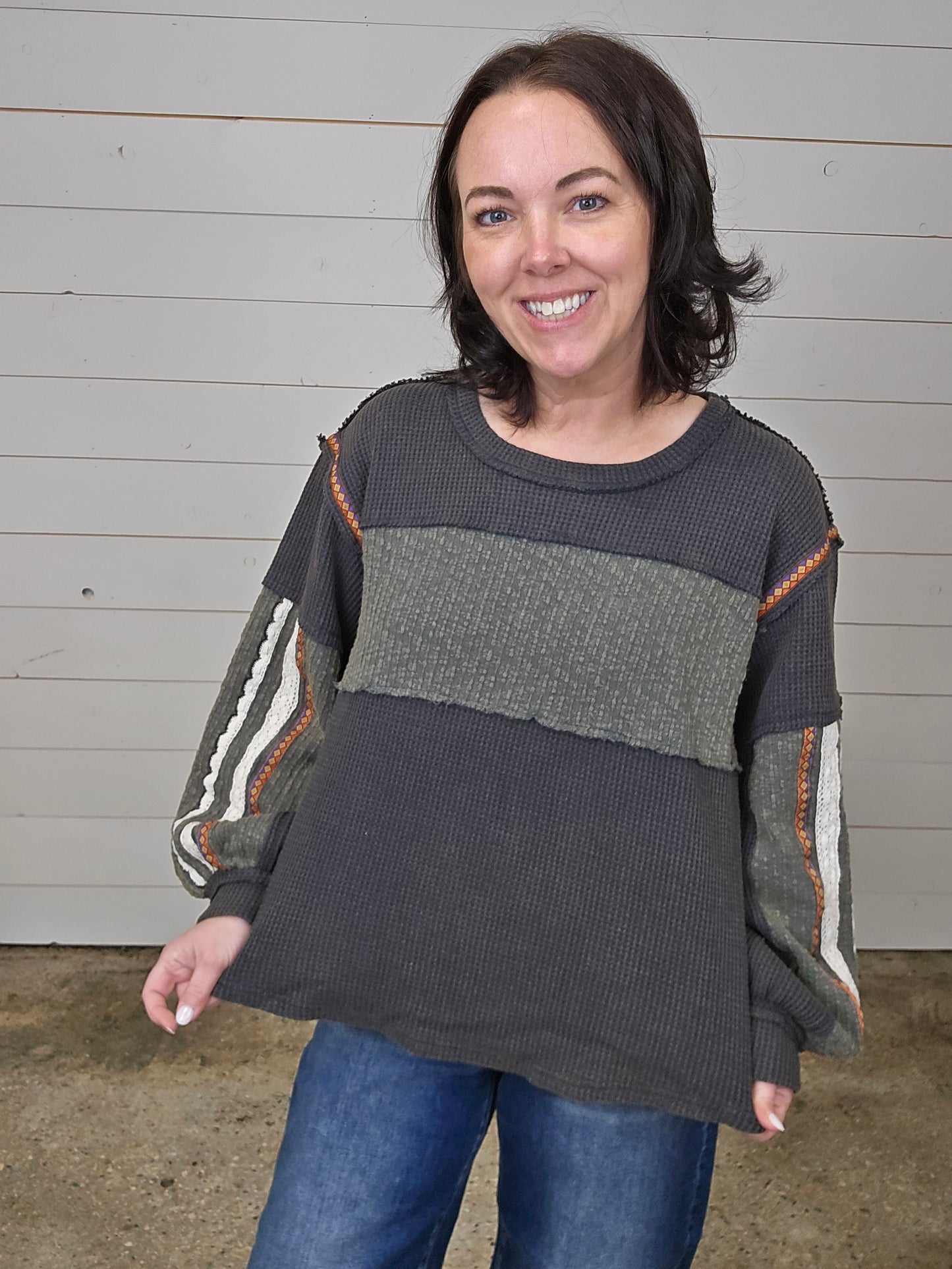 Charcoal Striped Sleeves Top- SALE