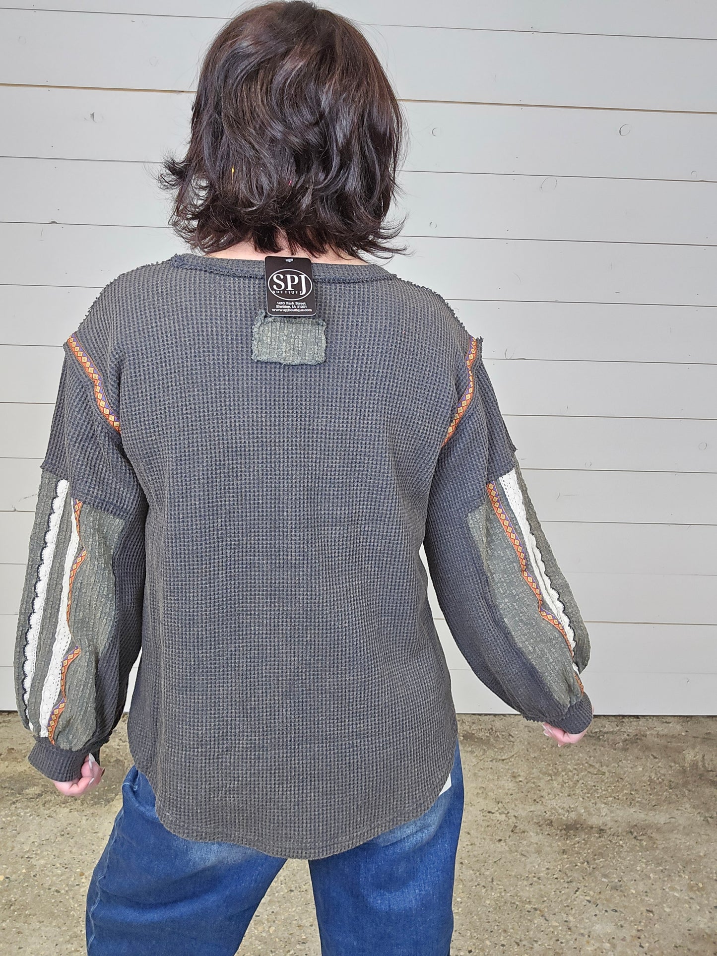 Charcoal Striped Sleeves Top- SALE