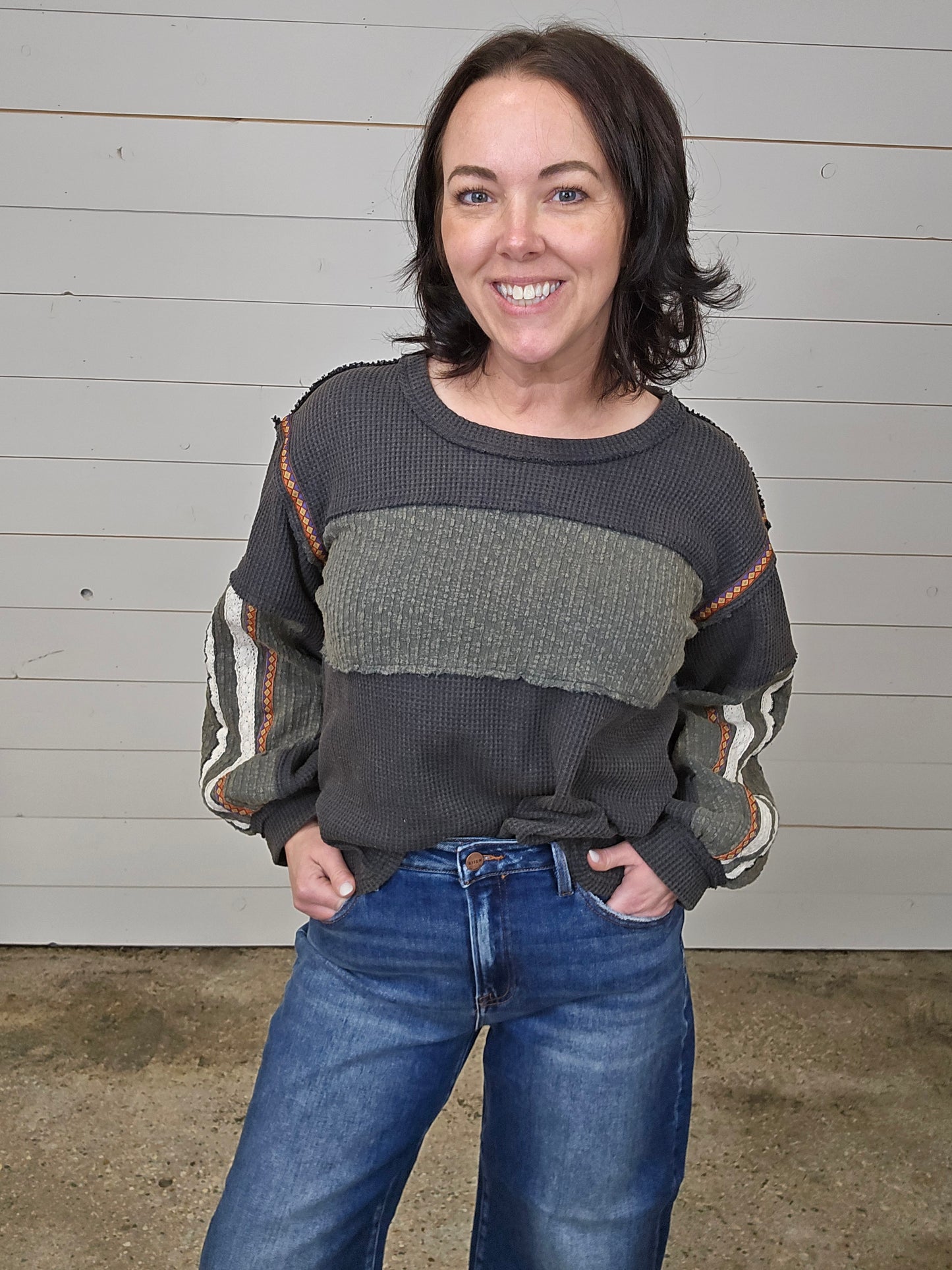 Charcoal Striped Sleeves Top- SALE