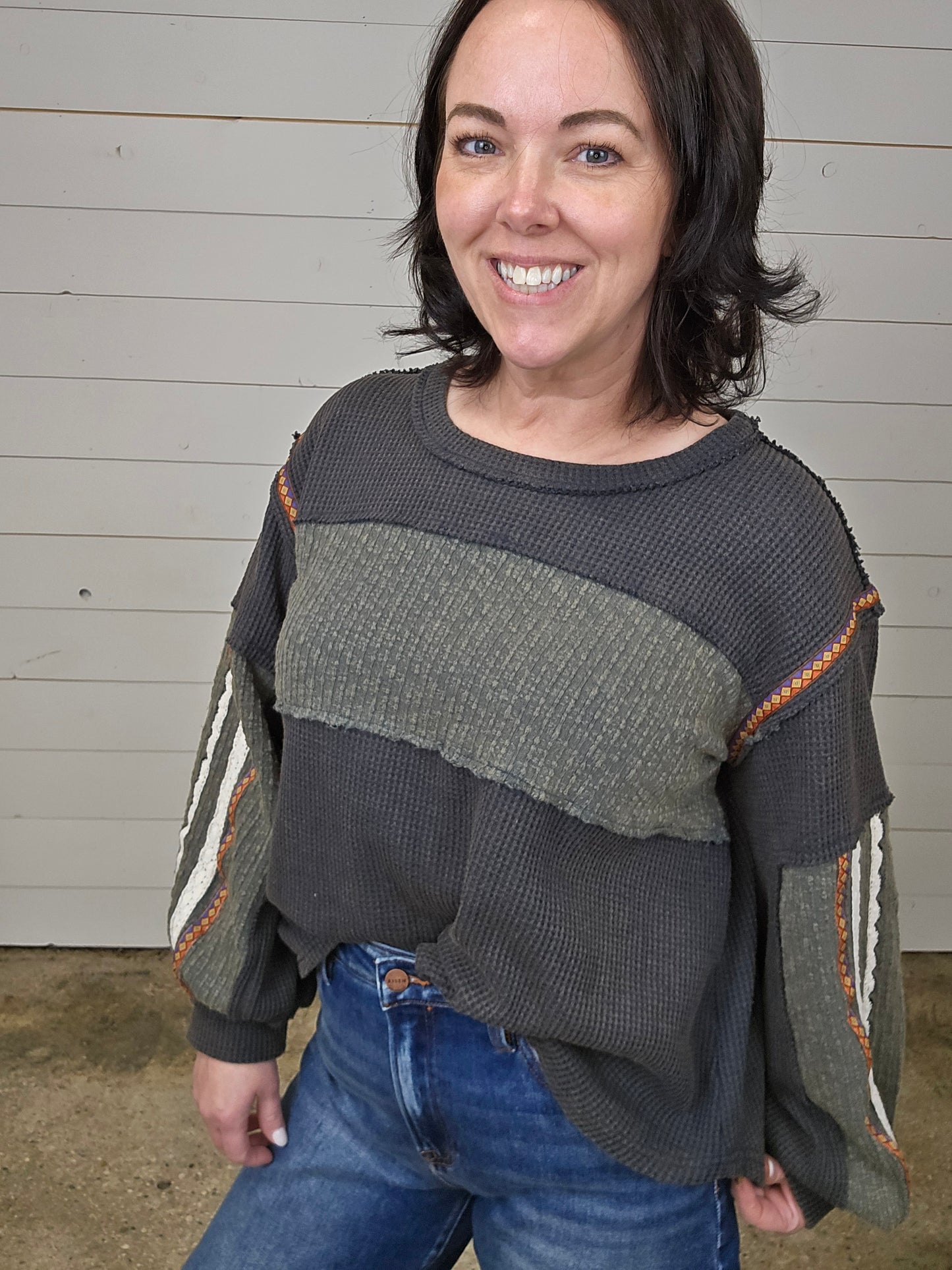 Charcoal Striped Sleeves Top- SALE