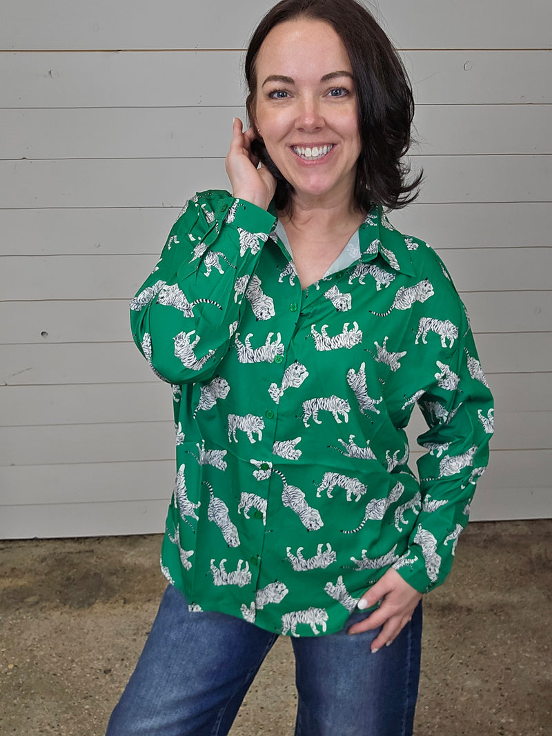 Green Animal Print Blouse
