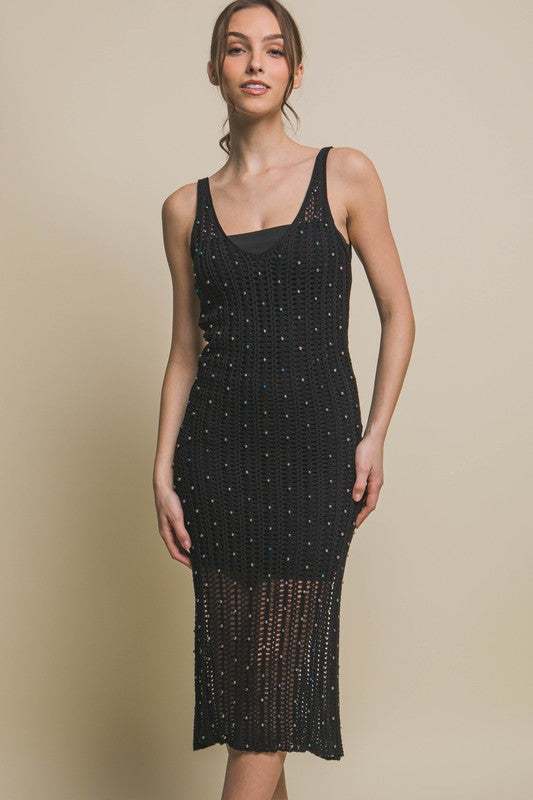 Rhinestone Black Midi Dress
