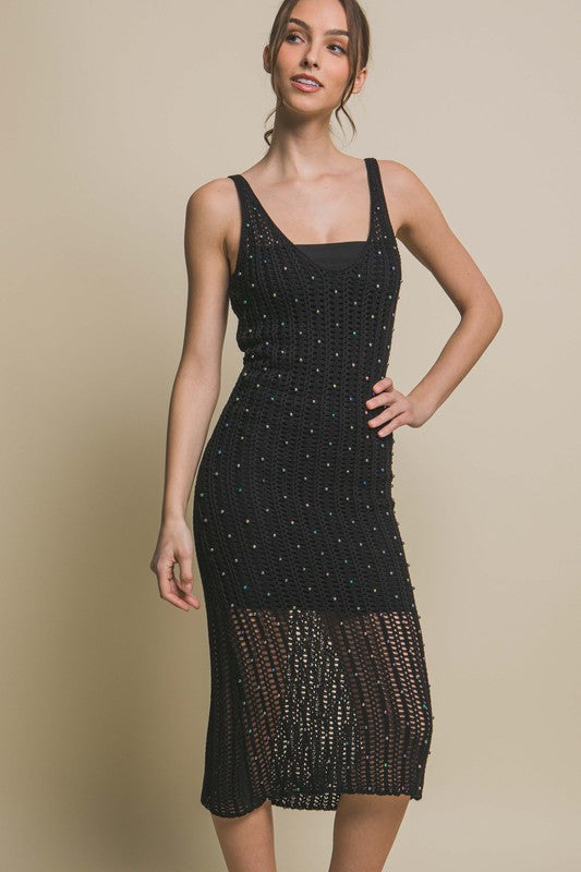 Rhinestone Black Midi Dress