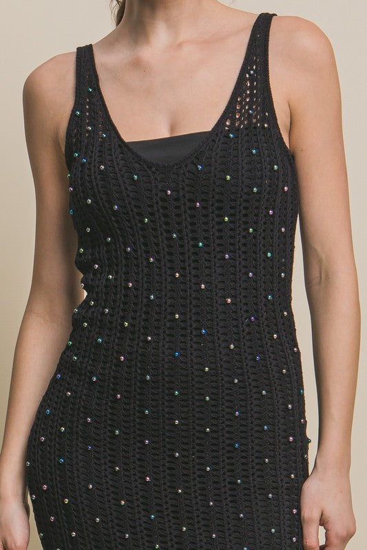 Rhinestone Black Midi Dress