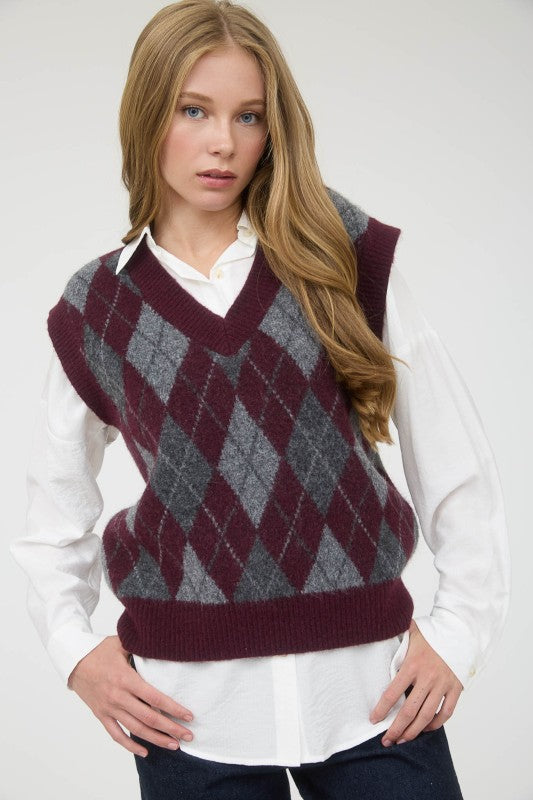 Oxblood Argyle Vest