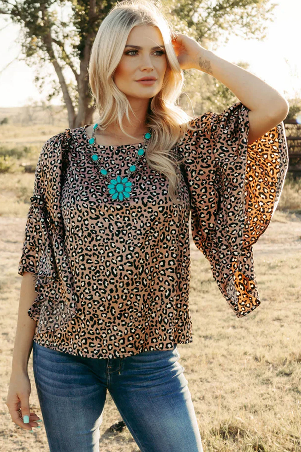Ruffle Wide Sleeve Leopard Top - sale