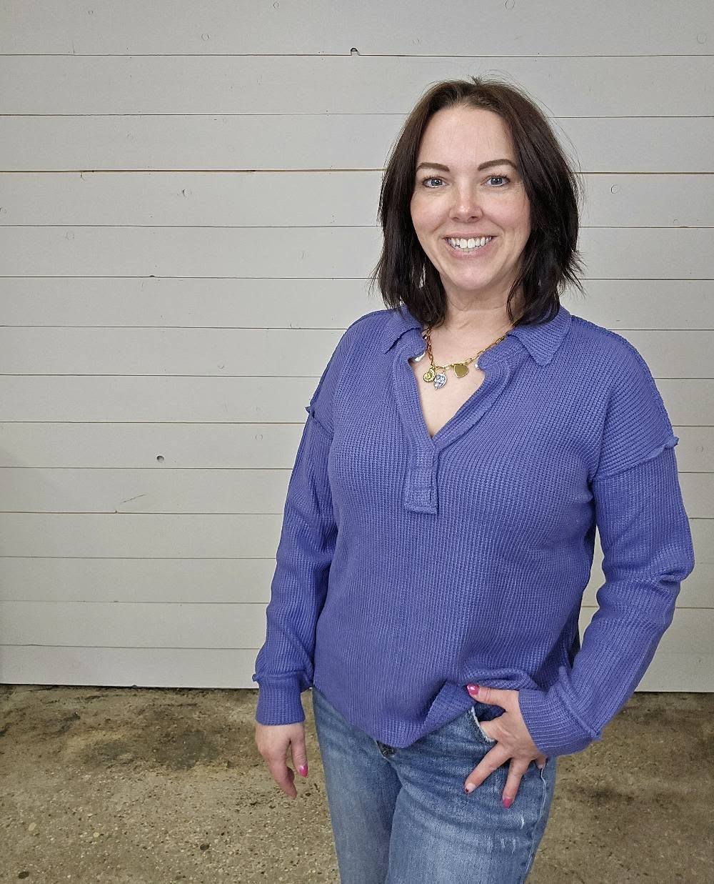 Waffle V-Neck Top