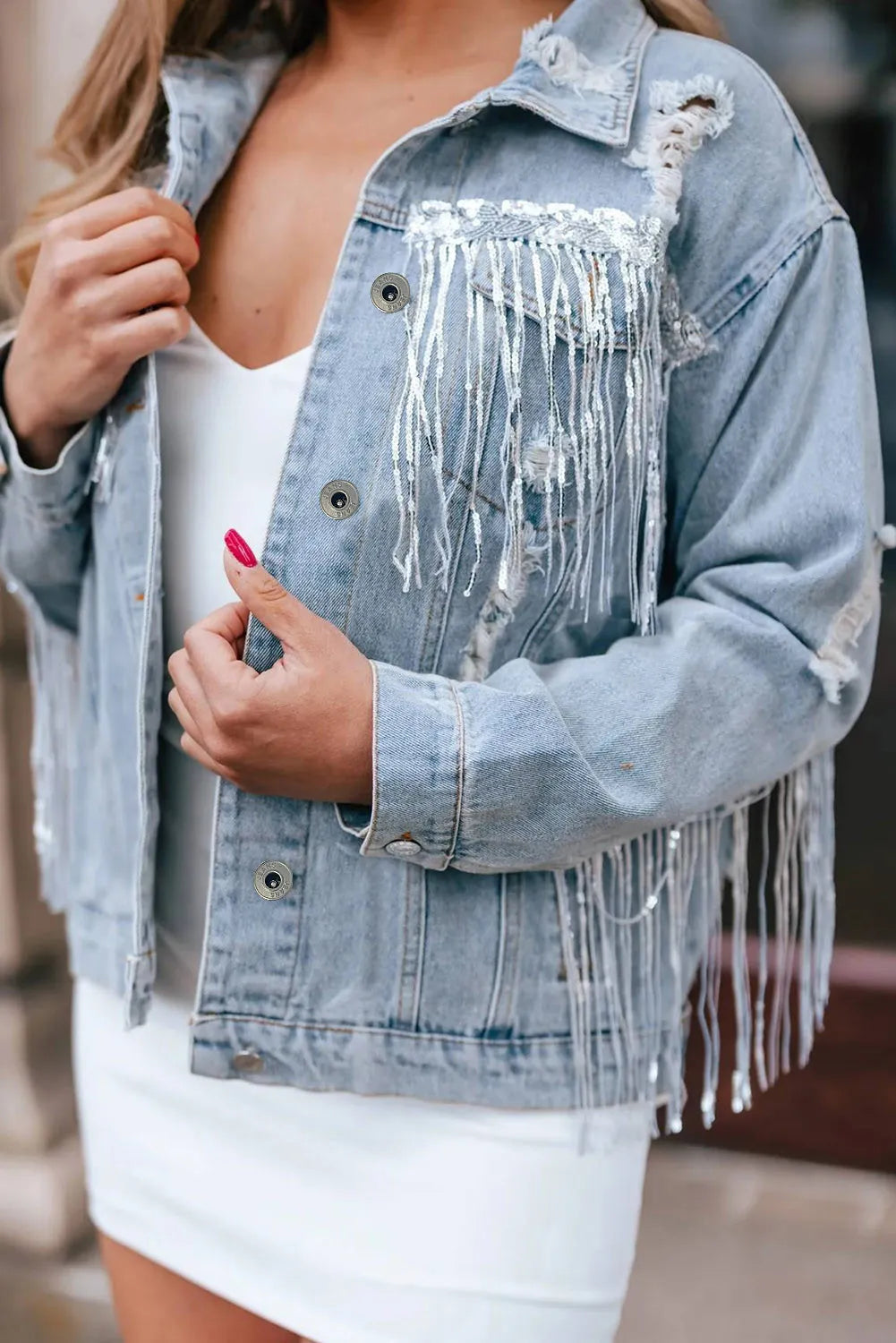 Rhinestone Fringe Denim Jacket - sale