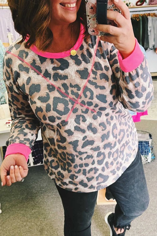 Pink Contrast Leopard Long Sleeve Top - Sale