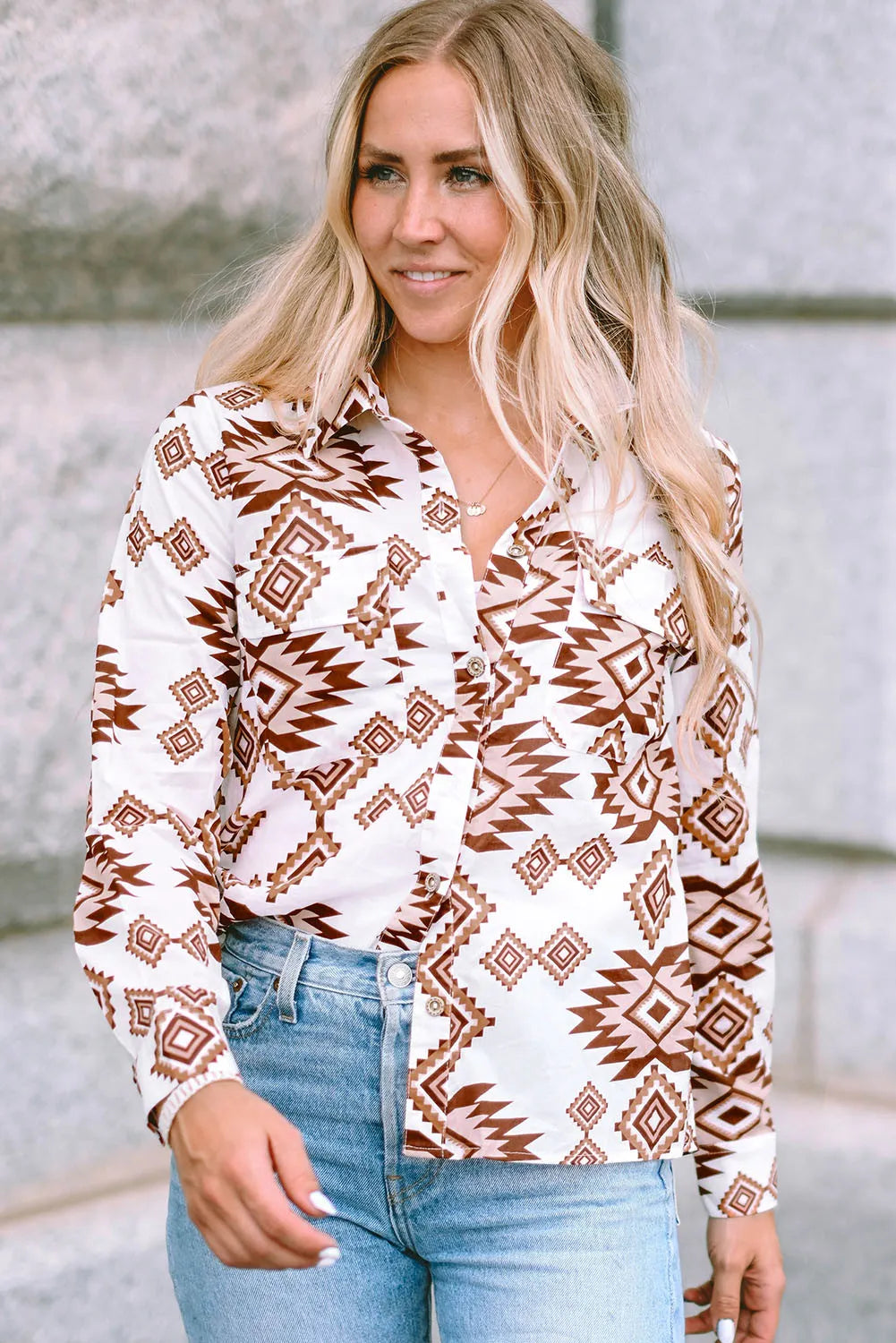 White Aztec Button Long Sleeve Top - sale