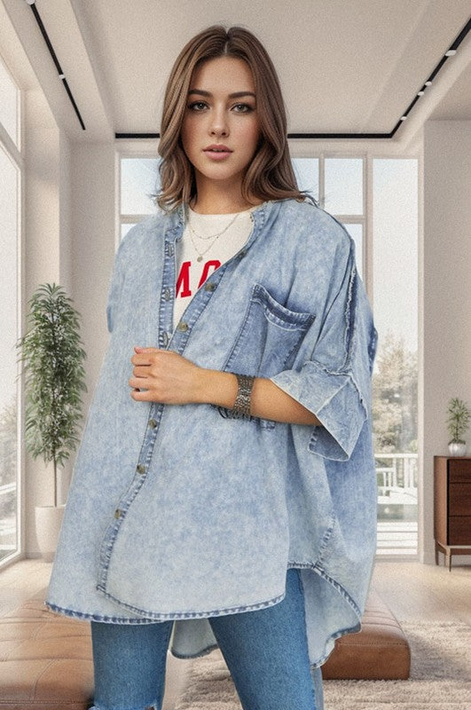 Denim Stand Collar Blouse - SALE