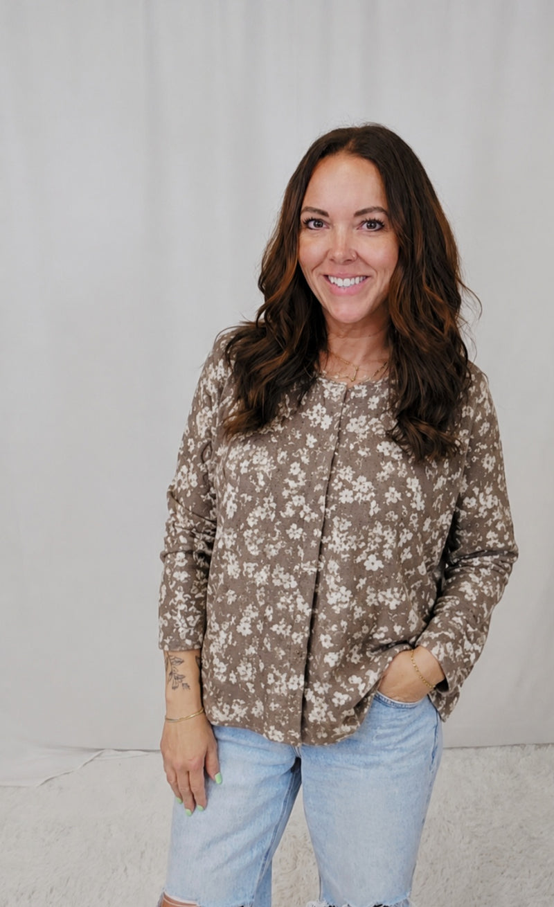 Umbria Ditsy Taupe Button Top