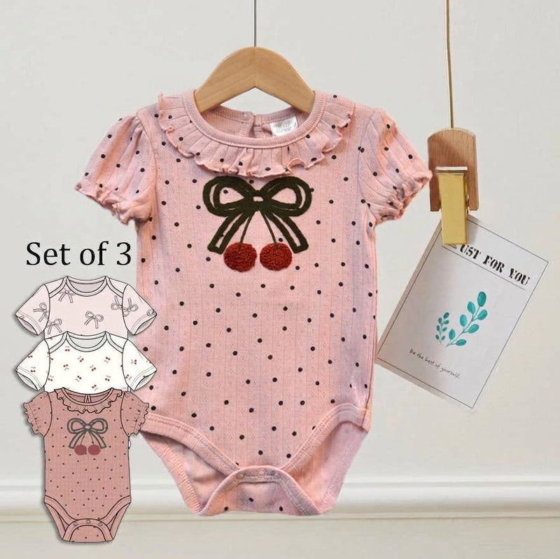 Set Of 3 Cherry Embroidery Bodysuit