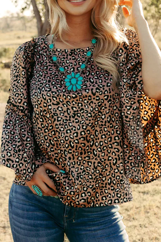 Ruffle Wide Sleeve Leopard Top - sale