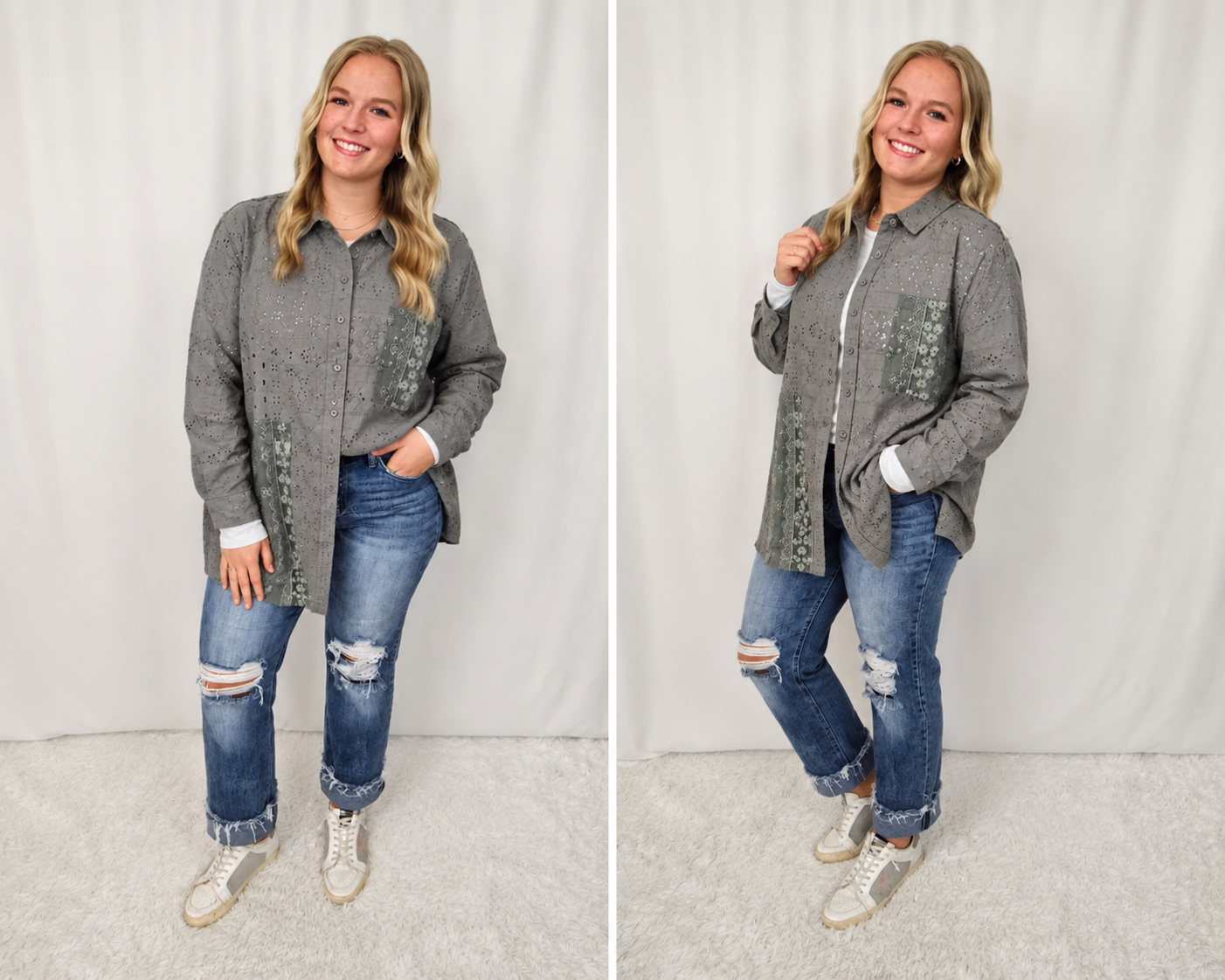 Eyelet Grey Long Sleeve Blouse